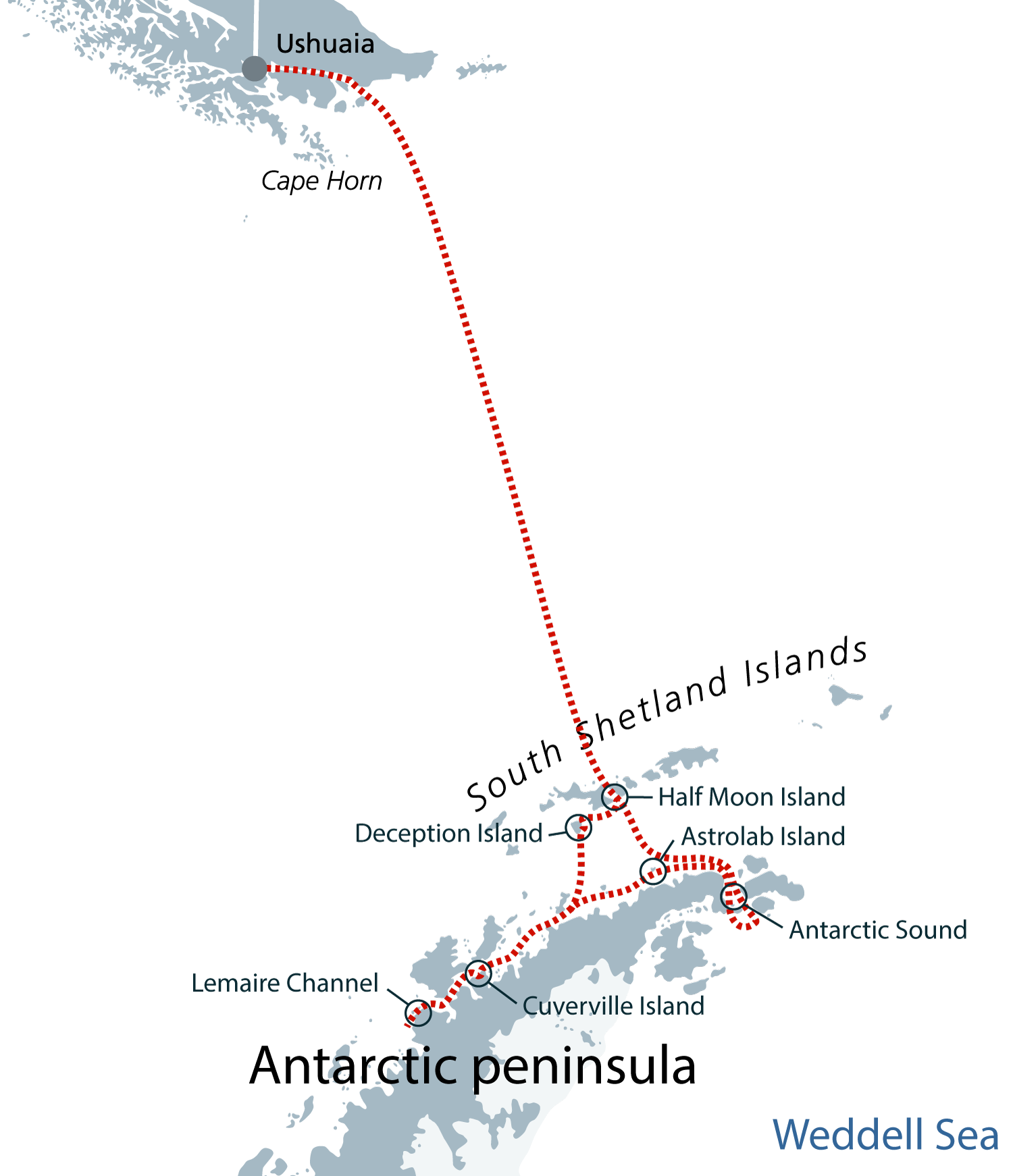 Map with itinerary for WildPhoto Expedition to Antarctica in november 2027